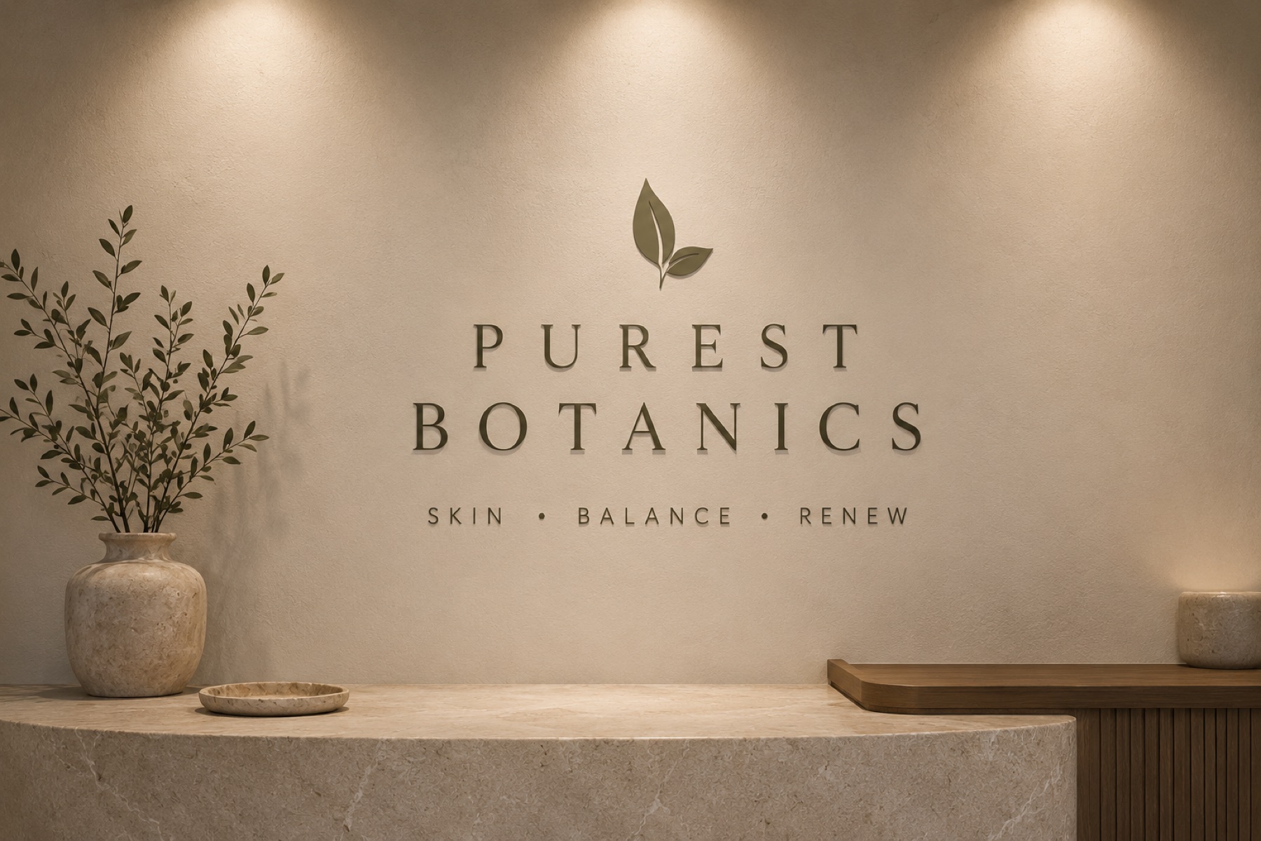 Purest Botanics spa reception with the logo on a warm stone wall