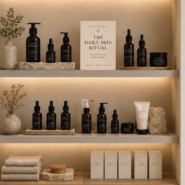 Purest Botanics products on warm, softly lit stone shelves